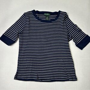 Lauren Ralph Lauren Y2K Navy and Cream Ribbed Striped Top Large